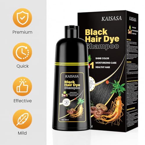 Image of KAISASA Black Hair Dye Shampoo 3 in 1, Hair Color Shampoo for Women and Men, Hair Dye to Cover Gray Hair, Dye Shampoos for Grey Hair Coverage 500ml (Black)