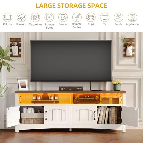 DWVO Farmhouse TV Stand for TV up to 65", Wood Entertainment Center with 2-Door Storage Cabinets, 21.6" Tall Television Stands w/LED Lights, Large Media Console Cabinet for Living Room (Rustic White)