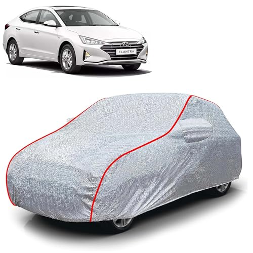 Image of Sulfar 100% Waterproof Car Body Cover Compatible with Mirror for Hyundai Elantra (Triple Stitched, Full Bottom Elastic, Magic Silver with Red Piping)