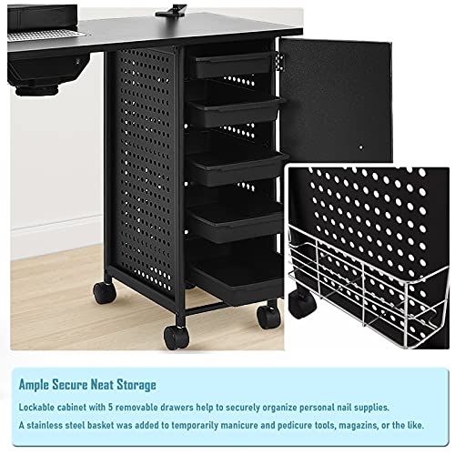 Wellhut Nail Table Station Pro Mobile Manicure Tables Steel Frame Nails Art Manicurist Desk Spa Salon Furniture Workstation Beauty Equipment W/Led Lamp, 5 Drawers W/Key, Storage Shelf #TOP3
