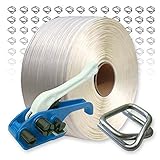 holzbündelgerät Bandspanner bis 25 mm Textilband Umreifungsset 25 mm - Bündelgerät, 500 m Umreifungsband, 125 Metallklemmen