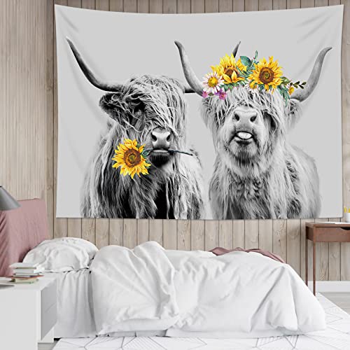 Eobtain Highland Cow Tapestry Sunflower Tapestry Farm Animal Western Bull Cattle Portrait Farmhouse Country Aesthetic Tapestries Wall Hanging Decor For Living Room Bedroom College Dorm (60”X 40”) Grey #TOP3