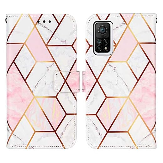 WJMWF Kompatibel med Xiaomi Mi 10T/10T Pro Fodral med Handrem Marmorsömmar PU Läderplånbok Flipskydd Magnetisk Stängning med Kortspår Stötsäker Fodral Rosa och Vitt