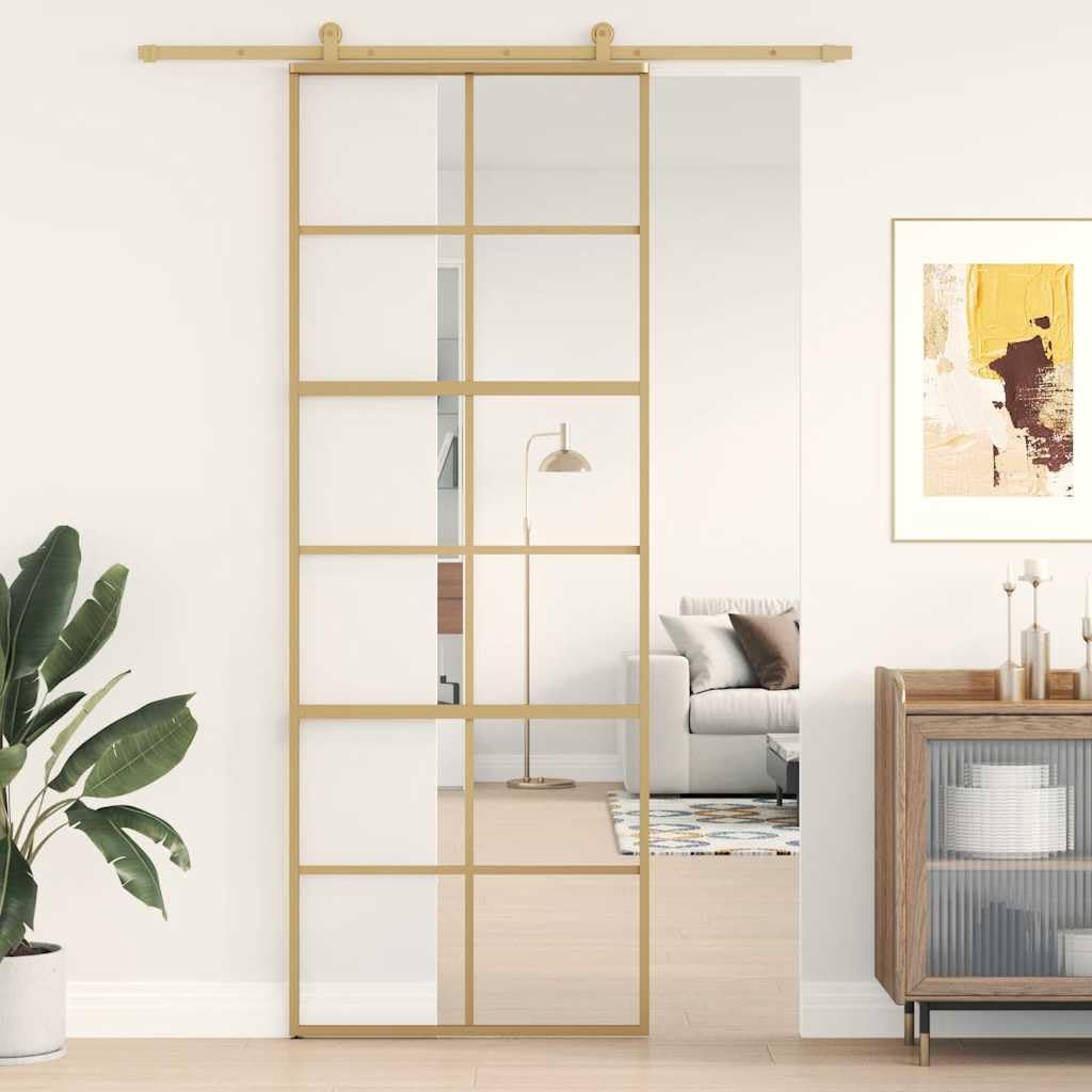 Drzwi przesuwne Golden 76 x 205 cm, przezroczyste szkło ESG, rama aluminiowa, drzwi bezpieczne z izolacją cieplną i dźwiękiem do drzwi wejściowych i drzwi wejściowych, z wytrzymałą ramą i