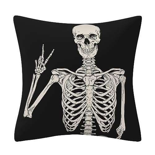 DILOXNSU Cushion Covers 45 x 45 cm Halloween Skull Skeleton Posing Black Double-Sided Square Modern Decorative Pillows Covers for Room Sofa Outdoor Chair Decor Cushion Cover 18 x 18 inch