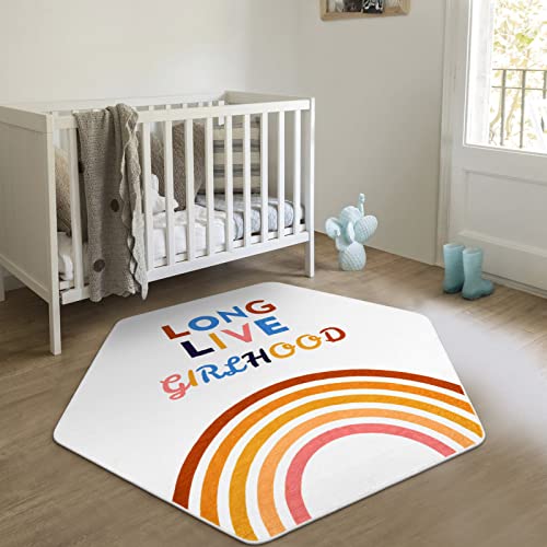 Staruia Colorful Hexagon Kids Rug For Nursery,4'X4'7" Non-Slip Rainbow Rug For Playroom,Washable Quote Rug For Girls Bedroom,Soft Circle Carpet For Dorm Classroom Playpen #TOP20