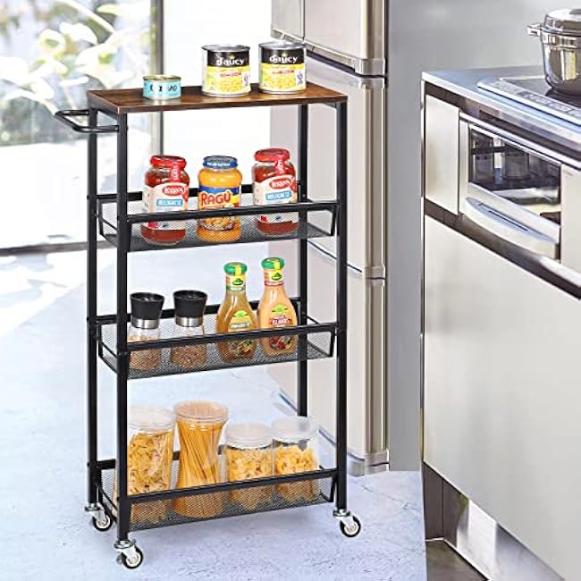 MOOACE Slim Storage Cart, 4 Tier Rolling Kitchen Shelving Unit on Wheels Mobile Narrow Cart with Wooden Tabletop for Bathroom, Laundry Narrow Places, 16.6''x 7.3''x 31.1''inch-xT1NM8iF