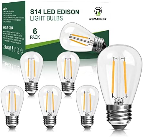 ROMANJOY LED E27 Edison Screw Bulb, 2700K Warm White, 2W Equivalent 20W, E27 Vintage Light Bulbs S14 LED Filament Outdoor Light Bulbs Replacement, Pack of 6