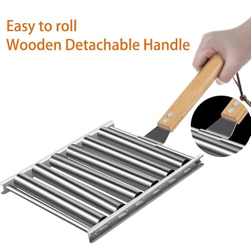 SLMRHLVE Stainless Steel Hot Dog Roller Grill, Hot Dog Roller for Grill with Extended Wooden Handle, BBQ Sausage Roller for Uniform Cooking, Holds 5 Hot Dogs - Thumbnail 3