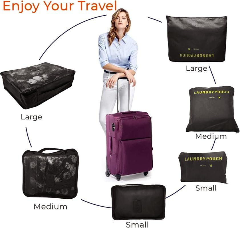 Image of 6 in 1 Polyester Secret Pouch Travel Bag Packing Cubes Laundry Bag with Undergarments & Cloth Storage Organizer Travelling Set /Suitcase Cloth Cube Bag (BLACK 6 in 1 Travel Bag)