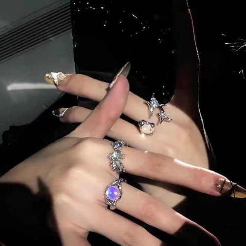 Heimaxing Silver Y2K Rings Jewelry Grunge Rings Natural Stone Opal Moonstone Ring Pearl Indie Punk Coquette Stacking Rings Set For Women Girls (3 Pcs Silver) #TOP1