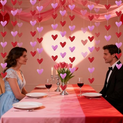 Image of Valentines Day Decorations Glitter Pink Red Heart Garland Banner, 2Pcs Heart Streamers Valentines Banner for Outdoor Indoor Home Galentines Day Anniversary Wedding Decor