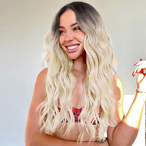 Long Wavy Lace Front Wig for Women Blonde Wigs Middle Part Synthetic Curly Wig with Dark Roots Wig for Daily Party(22inch 613)