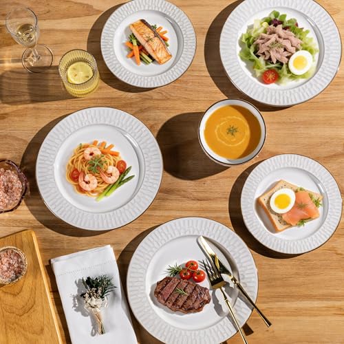 Image of GBHOME Ceramic Dinnerware Sets,18 pcs Embossed Elegant Stoneware Plates and Bowls Sets, Housewarming Wedding Gift | Dishwasher & Microwave Safe | Dishes Set Service for 6
