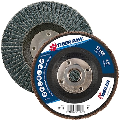 Image of Weiler 51112 4-1 /2 inch Tiger Paw Abrasive Flap Disc, Flat (Ty27), Phenolic Backing, 36Z, 5 /8 inch-11 UNC Nut (Pack of 10)