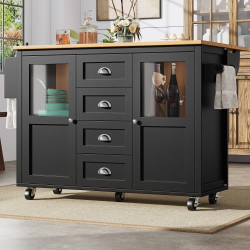 Kücheninsel 138x73(45) x93 cm Schwarz, Ausklappbarer Arbeitsplatte, 4 Schubladen & 4 Rollen, Gewürzregal & Handtuchhalter, Küchenschrank Buffetschrank, MDF & Metall für Kleine Küchen