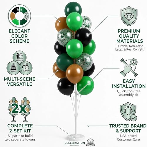 Image of Hiins Green Brown Balloon Stand Kit for Floor and Table with Base for Party Decor