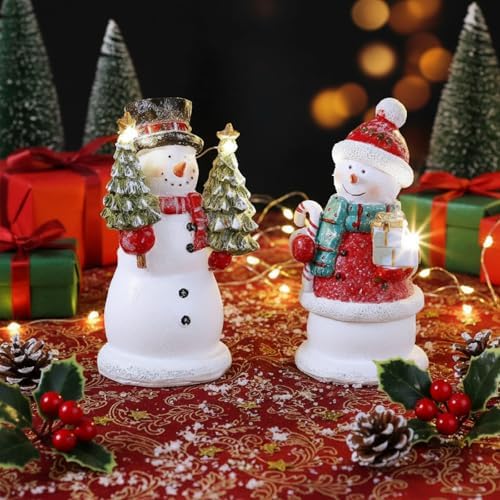 Kathfly 2 Pcs Lighted Snowman Figurines Holding Christmas Tree & Gift & Candy, 5 Inch Resin Christmas Decorations Indoor Snowman Decor for Xmas Gift Winter Holiday Centerpiece Mantel Shelf Tabletop
