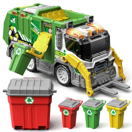 BLUEYAK Large Friction Powered Garbage Truck Toy Set with Light