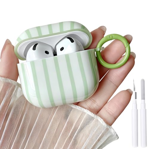 Image of MINSCOSE for AirPods 4 Case,Cute Striped Aesthetic Pattern Design with Girly Keychain Ring,Soft TPU Protective Shockproof Cover with Cleaner Kit for Girls Women for Airpods 4-Green