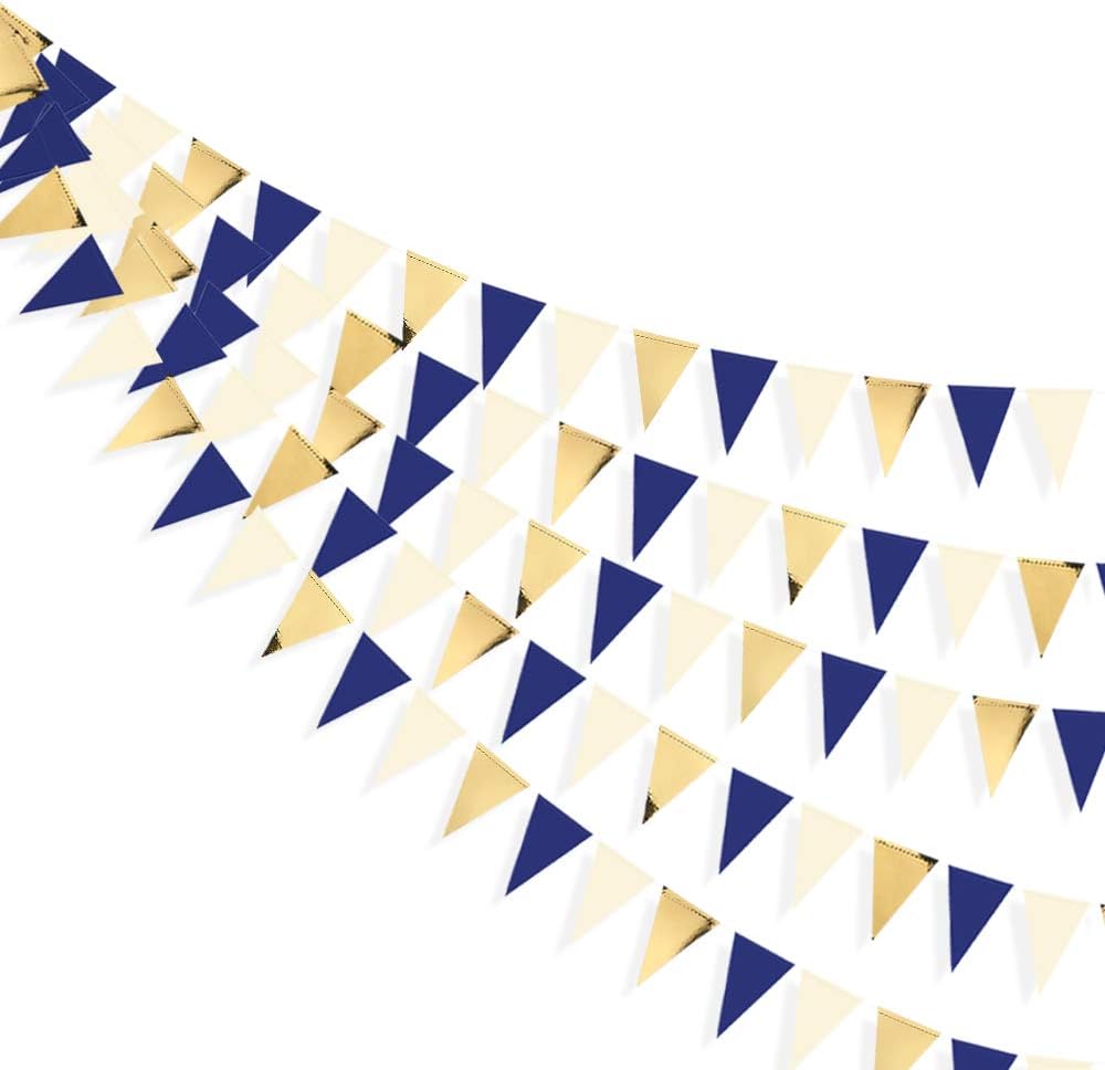 30 Ft Navy Blue Gold Party Decorations Hanging Paper Triangle Flag Pennant Banner Bunting Garland for Bachelorette Engagement Wedding Birthday Bridal Shower Anniversary Hen Graduation Party Supplies