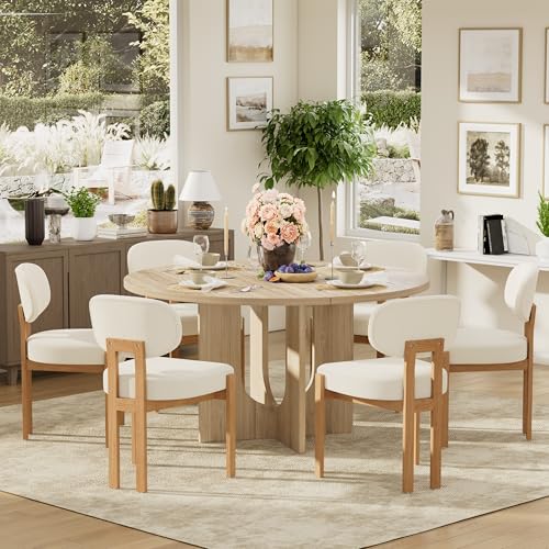 HAIZAO 7-Piece Scandinavian Minimalist Round Dining Table Set, 47" Solid Wood Table with Sculpted Open Base + Beige Chenille Chairs for Kitchens & Dining Areas