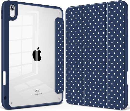 May Chen for iPad (A16) 11th Generation Case 11 Inch 2025, iPad 10th Gen Case 2022 10.9 inch, Built-in Pencil Holder with Shockproof Cover Clear Back Shell Auto Wake/Sleep, Navy Bleu Polka dots