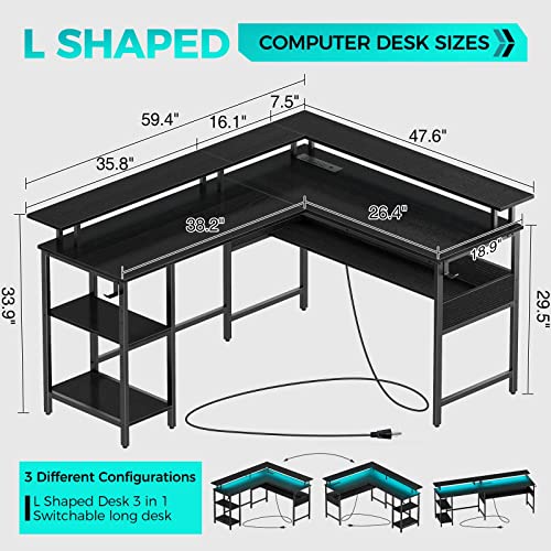Rolanstar Computer Desk L Shaped With Led Strip & Power Outlets, Reversible L Shaped Computer Corner Desk With Monitor Stand, Home Office Gaming Desk With Usb Port&Hook, Black #TOP2