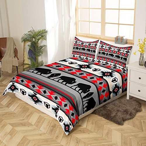 Aztec Bedding Set Full,Highland Cow Comforter Cover Cowgirl Cowboy Bull Cattle Southwest Native Duvet Cover Indian Tribal Geometry Bed Set Tribe Farm Animals Boho Western Decor Black Red Grey #TOP1