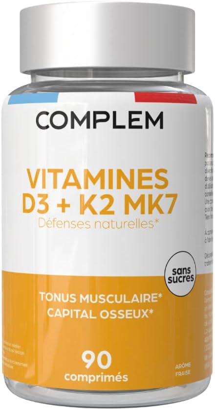 Vitamin D3 K2 MK7 – 2000 IU D3 + 200 µg K2 MK7 – 90 Strawberry Flavoured Chewable Tablets – Immunity, Bone and Calcium Assimilation – Vegan, Natural, Made in France