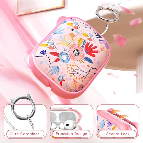 Image of for AirPods Pro 2 Case with Cleaning Kit, Cute Cat Ear Print Design & Cute Buckle for Girls, Phone Holder & Top Safe Lock Buckle Design for AirPods Pro 2nd /1st Gen case, Pink Flower