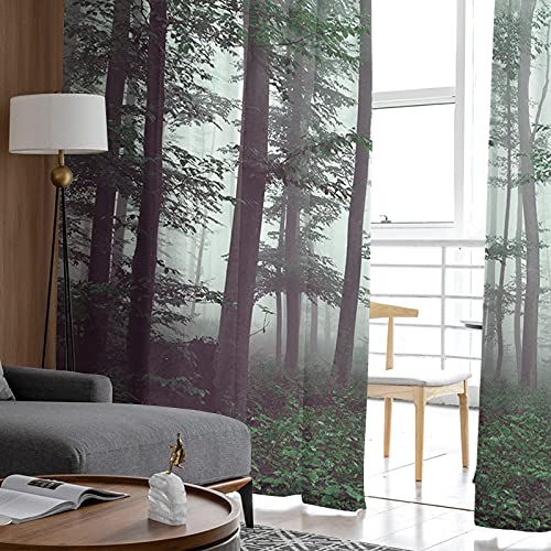 Forest Tree Semi Sheer Curtains 84 Inch Length For Living Room,Green Leaves Foggy Nature Voile Drapes Wild Trees Window Curtains, Light Filtering Rod Pocket Bedroom Curtains 2 Panels #TOP3
