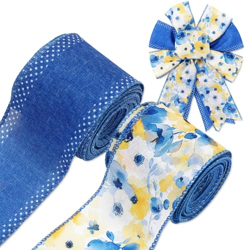 JarThenaAMCS Watercolor Flower Wired Edge Ribbon 2.5 Inch Yellow Blue Floral Fabric Craft Ribbon for Bow Wreath Gift Wrap Spring Summer Party Home Decor, 2 Rolls, 20 Yards