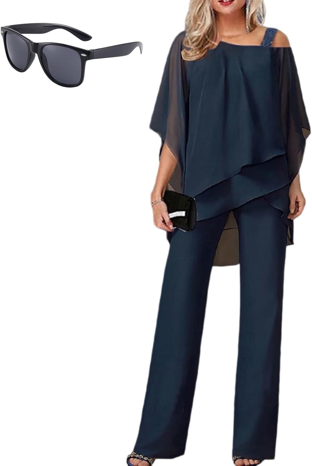 Elegant Layered Chiffon Top & Wide-Leg Pants Set, Women's 2 Piece Outfits, Cold Shoulder Batwing Sleeve Party Suits