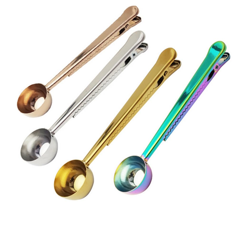 4 Pack Coffee Scoop Clip,6 3/4 inch Long Handle Coffee Measuring Spoon,15 ml Stainless Steel Scoop with Bag Clip for Coffee,Tea,Sugar,Flour,Protein Powder, Instant Drinks and More (4, Multicolor)