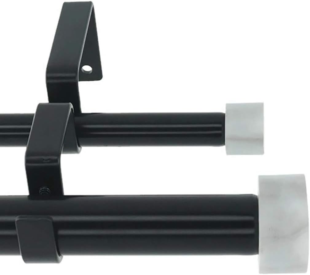 Meriville 1-Inch Diameter Double Window Treatment Curtain Rod, Vico White Marble End Cap Finial, 28-inch to 48-inch Adjustable, Black : Home & Kitchen