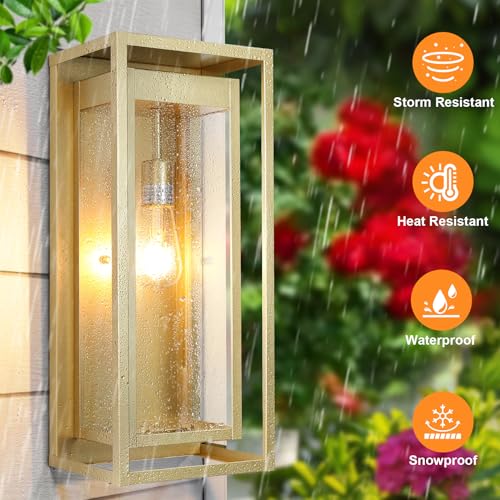 Image of 19 Inch Gold Outdoor Wall Light Fixtures, 2 Pack Porch Lights | Large Size, Anti-Rust, Waterproof, Tempered Glass, Easy Installation, Exterior Wall Sconces for House Entryway Garage