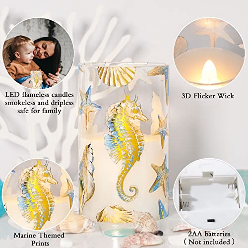 Crystal Club Glass Flameless Candles With Remote And Timer: Nautical Theme Led Pillar Candles - Set Of 3 Battery Operated Flickering Candles - Seahorse Shell Candles For Home Decor #TOP1