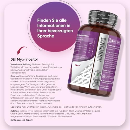 Myo Inositol 4000 mg Tabletten - Mit Vitamin B6 & B9 (als Folsäure) & Chrom (als Chrompicolinat) - 120 vegane Tabletten - 1 Monat Vorrat - Glutenfrei - Ohne Gentechnik - Von WeightWorld