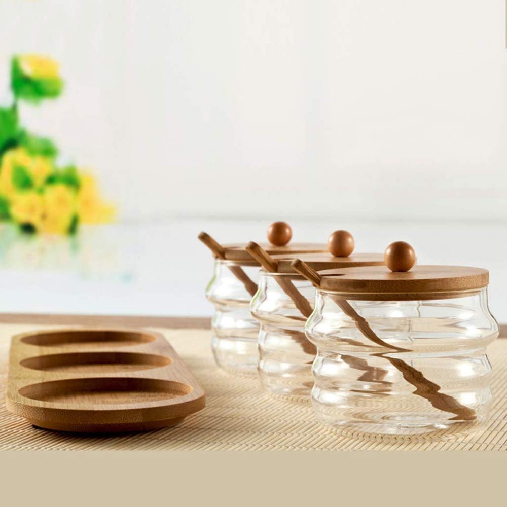 Bambus-Küchen-Aufbewahrungsdosen-Set, 3-teilig, Gewürzbox und Glas für Salz, Gewürze und Kräuter, stilvoller Haushalt (25 x 9,5 x 7,5 cm)