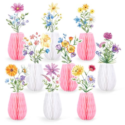 AnyDesign Wildflowers Honeycomb Centerpieces Table Toppers Spring Party Decorations 3D Table Decor for Wedding Baby Shower Bridal Shower Party Birthday Home Supplies, 9 Pcs