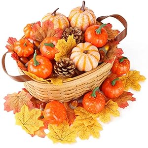 HANSGO 50 PCS Thanksgiving Artificial Pumpkins and Gourds Set, 8 PCS Fake Pumpkins with 42PCS Pinecones Acorns and Maple…
