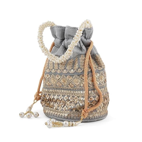LAXMI ENTERPRISE Special Product Raw-Silk Designer Potli Bag for women with Golden Embroidery and Pearl Handle Tassel - Image 5