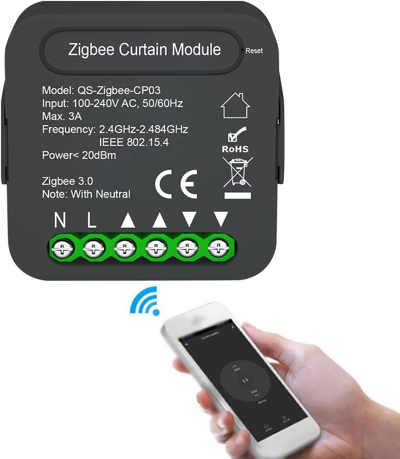 Image showing the Zigbee Curtain Module next to a smartphone displaying the Tuya app interface for curtain control, with open, pause, and close options.