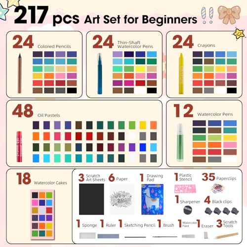 KIDDYCOLOR Kids Art Set, Drawing Art Supplies for Girls & Boys Ages 4-8 with Watercolor Cakes, Oil Pastels, Colored Pencils, Ideal Gift for Young Artist, Black-217pcs by KIDDYCOLOR - Image 2