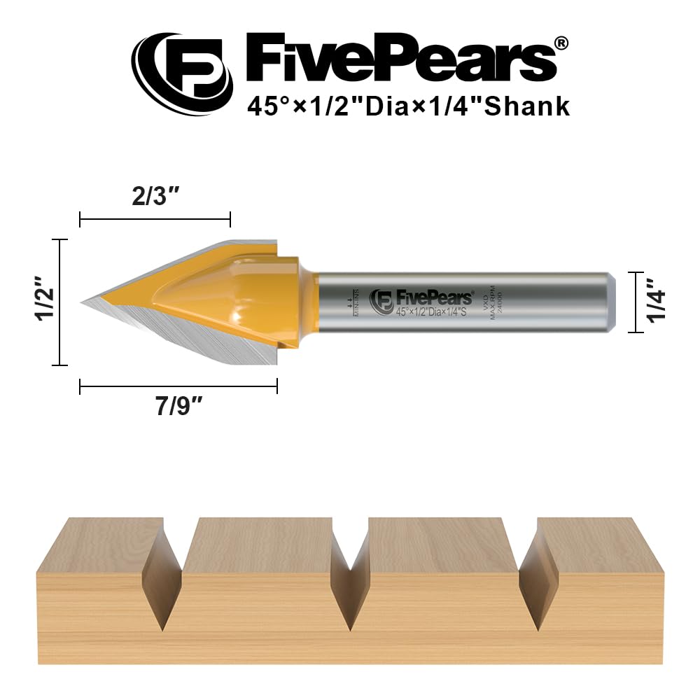 FivePears V Groove Router Bit 45 Degree 1/4 inch Shank, 1/2 inch Cutting Diameters, Carbide CNC Engraving V Router Bit for Signmaking, Lettering, Woodworking Door Carving