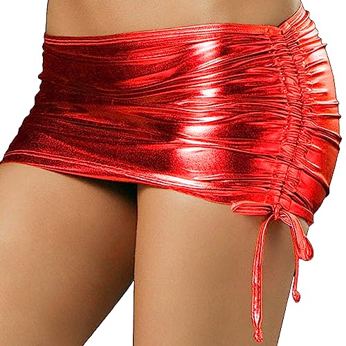 Yevin Shiny Metallic Skirt for Women Pleated Bodycon Mini Skirt Dance Clubwear (Red)