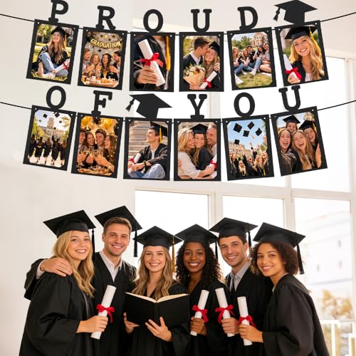 Image of Proud of You Graduation Photo Banner, Graduation Photo Display Decorations, Class of 2026 Party Decorations for College Senior, High, Middle, Junior, Kindergarten Pictures Display Grad Party Supplies