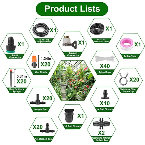 Aumio Drip Irrigation Kit 115Ft Garden Irrigation System 1/4" 1/2” Blank Distribution Tubing Watering System Adjustable Nozzle Automatic Irrigation Equipment For Greenhouse, Flower Bed, Patio, Lawn #TOP2