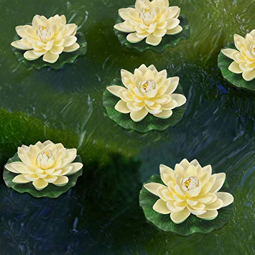 Image of Sunm Boutique Artificial Floating Foam Lotus Flowers, Artificial Water Lily Pads, Lotus Lilies Pad Ornaments for Patio Koi Pond Pool Aquarium Home Garden Wedding Party Garden Decor, 6Pcs, Ivory